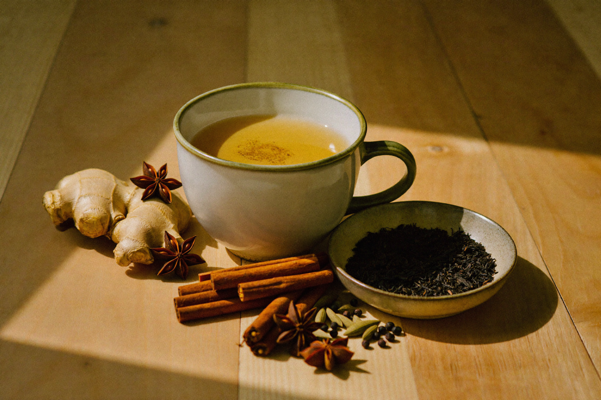Tasse Chai-Tee mit Zimtstangen, Sternanis, Kardamom, Nelken und frischem Ingwer