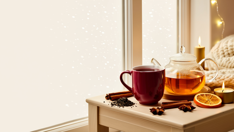 Wintertee mit Zimt, Sternanis und Orange am verschneiten Fenster